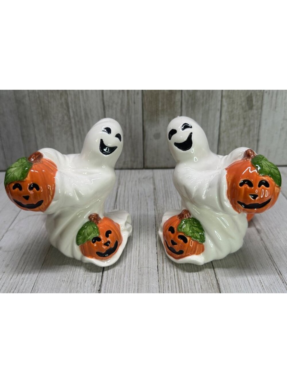 Vtg Fitz & Floyd Omnibus Sri Lanka Pair Ghosts w/ Pumpkins Candle Holders 4.5" T